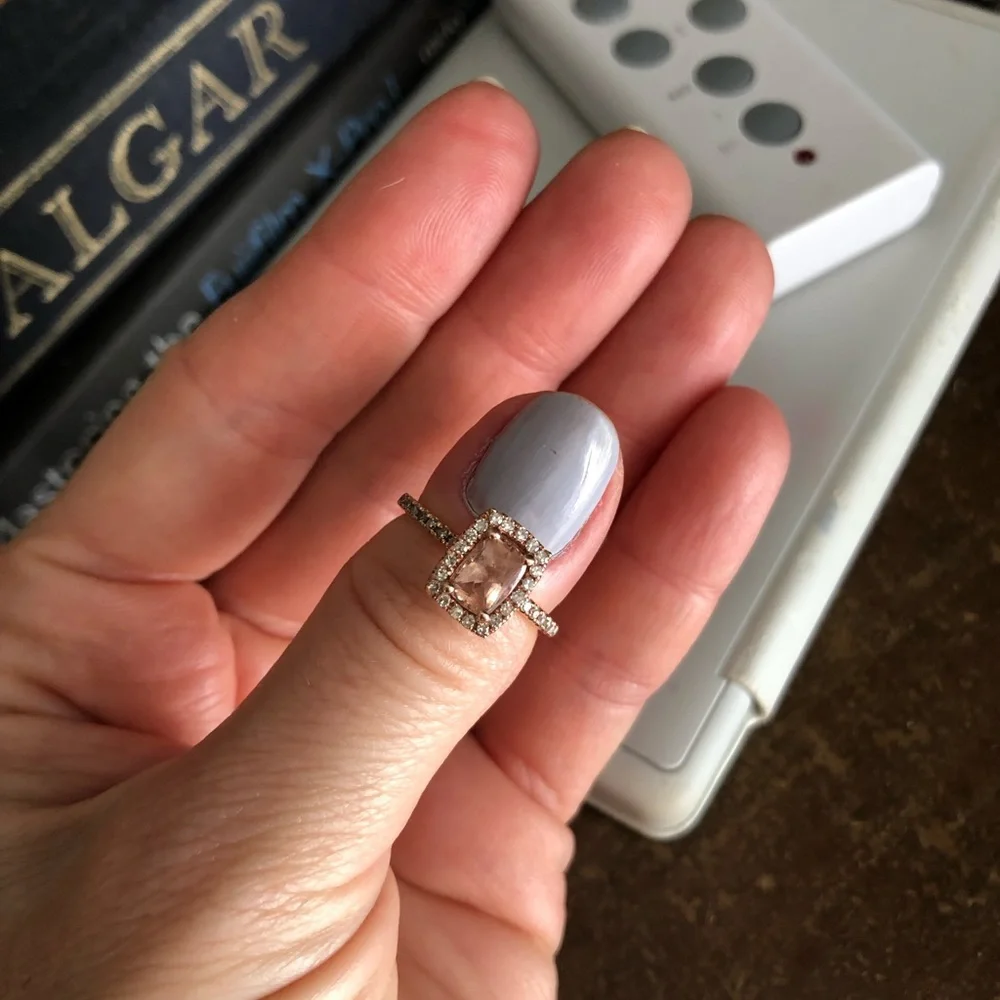 14k rose gold, diamond and emerald cut peach sapphire engagement ring - Picture 5 of 16